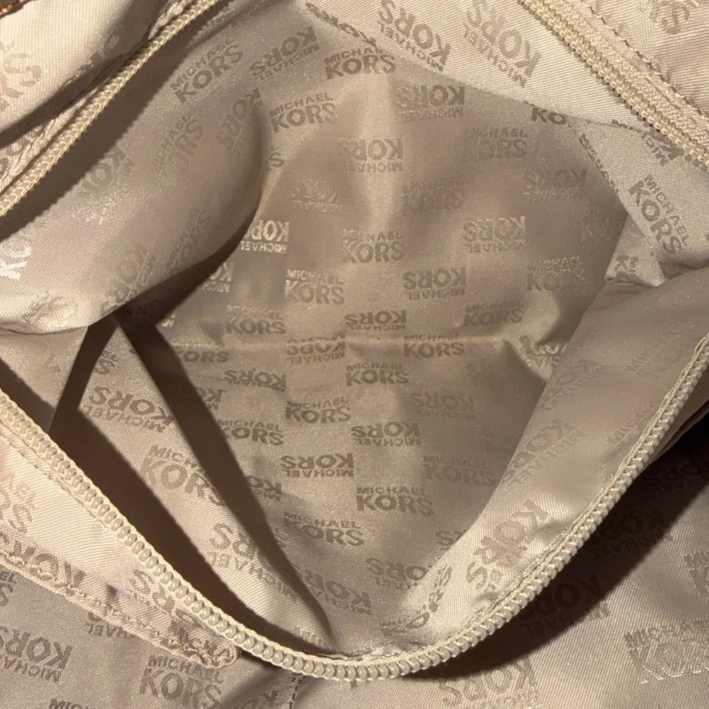 Michael Kors Millbrook Hobo Bag Monogram Canvas Tan Leather Shoulder Bag Large